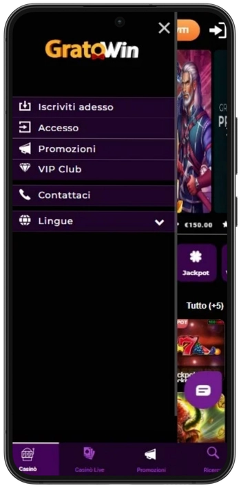 Menu di navigazione del casinò GratoWin