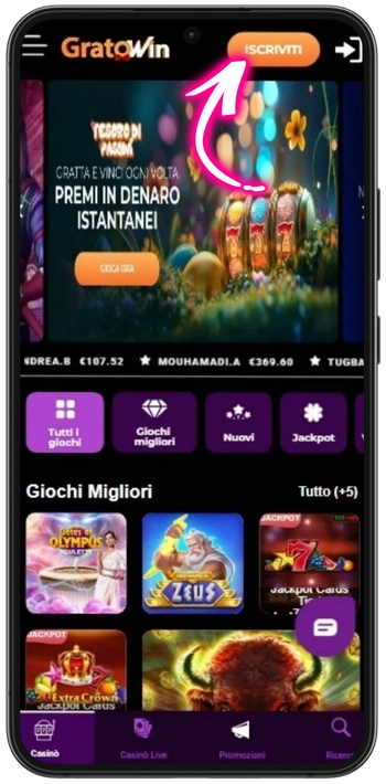 Pulsante registrazione GratoWin sito ufficiale